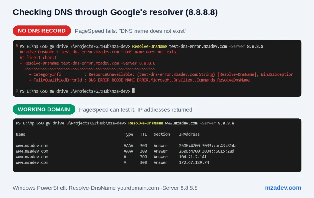 Resolve-DnsName results through Google DNS: a hostname with no record fails, a working domain returns IP addresses